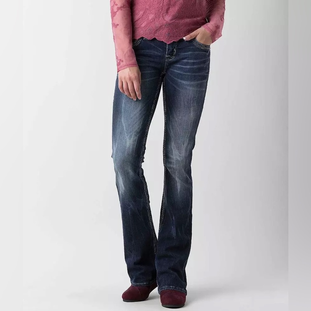 ROCK REVIVAL Loreen Stylish Mid-rise Stretch Bootcut Blue Distressed Jeans SZ 25